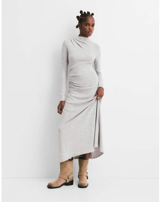 Pull&Bear White Soft Touch Gathered Midi Dress
