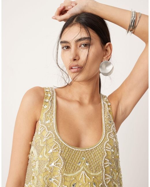 ASOS Natural Embellished Scoop Neck Mini Dress With Faux Feather Hem
