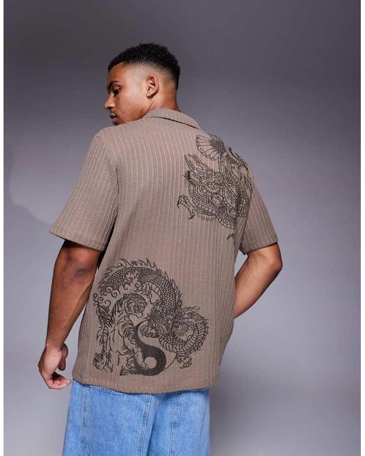 River Island Gray Japanese Dragon Embroidered Shirt for men