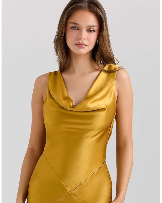 House Of Cb Metallic Safaira Amber Satin Draped Cowl Neck Maxi Dress