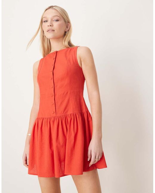 ASOS Red Slash Neck Button Down Dropped Waist Mini Sundress