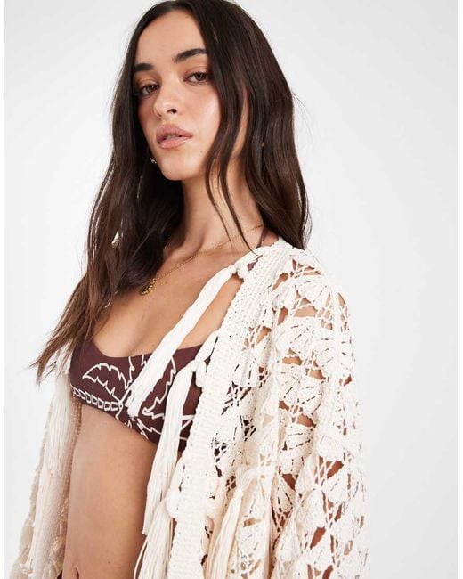 ASOS Natural Premium Crochet Stitch Fringed Cardigan