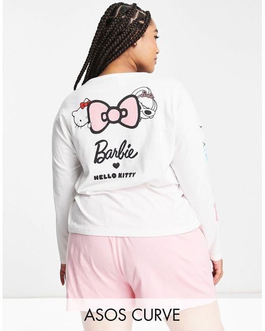 ASOS Pink Asos design curve – barbie x hello kitty – pyjama aus langärmligem shirt und short