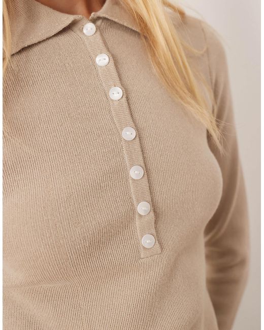 Pretty Lavish Natural Button Knit Polo Top