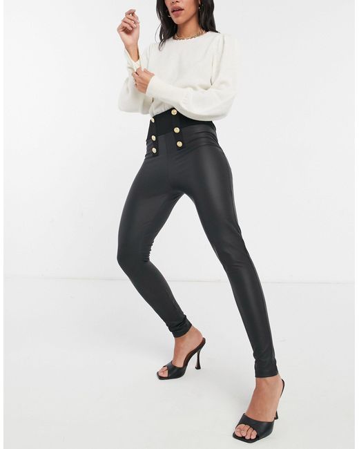 River Island Button Front Faux Leather leggings in Black - Lyst