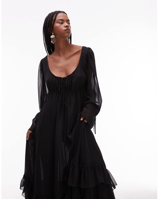 ASOS Black Chiffon Soft Volume Tie Front Maxi Dress