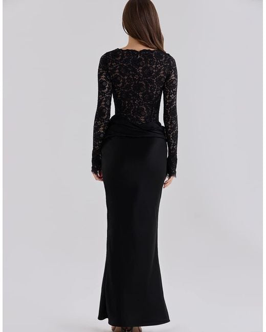 House Of Cb Black Yasmeen Corded Lace + Satin Draped Maxi Dress