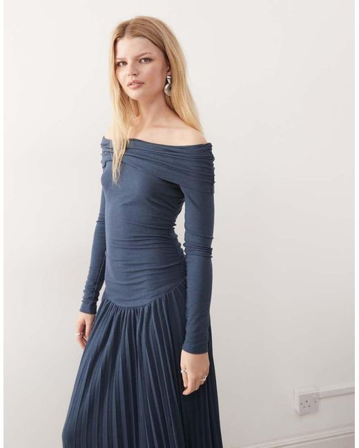 Lioness Blue Field Of Dreams Long Sleeve Foldover Bardot Ruched Drop Waist Pleated Maxi Dress