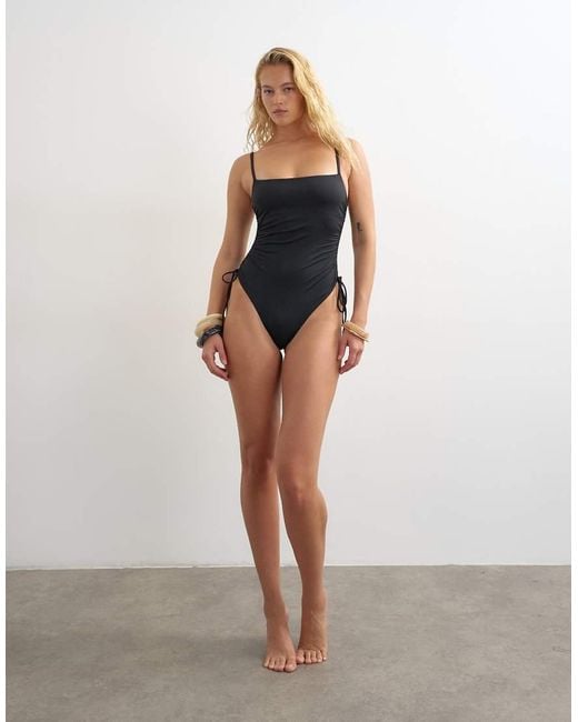 TOPSHOP Blue Chloe Swimsuit With Ruched Sides