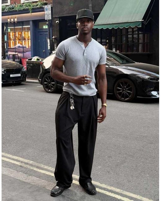 Bershka Black Pleated Baggy Trousers for men