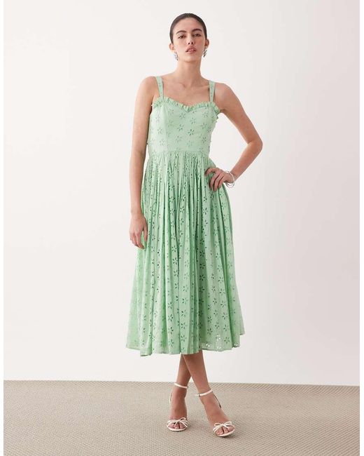 LACE & BEADS Green Broderie Cotton Corset Midaxi Dress