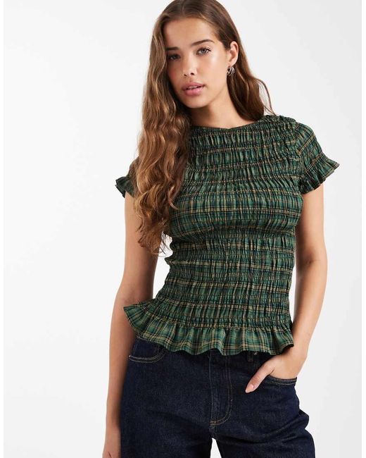 Daisy Street Green Shirred Short Sleeve Top