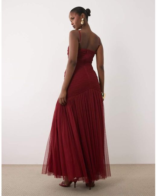 LACE & BEADS Red Structu Cami Knot Detail Dropped Waist Fishtail Maxi Dress