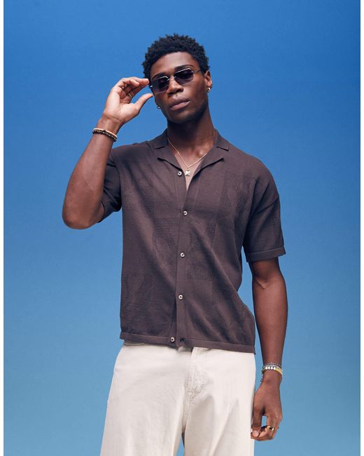 ASOS Blue Relaxed Floral Textured Button Through Knitted Polo for men