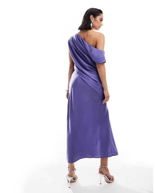 ASOS Purple Satin Off Shoulder Draped Midi Dress With Split