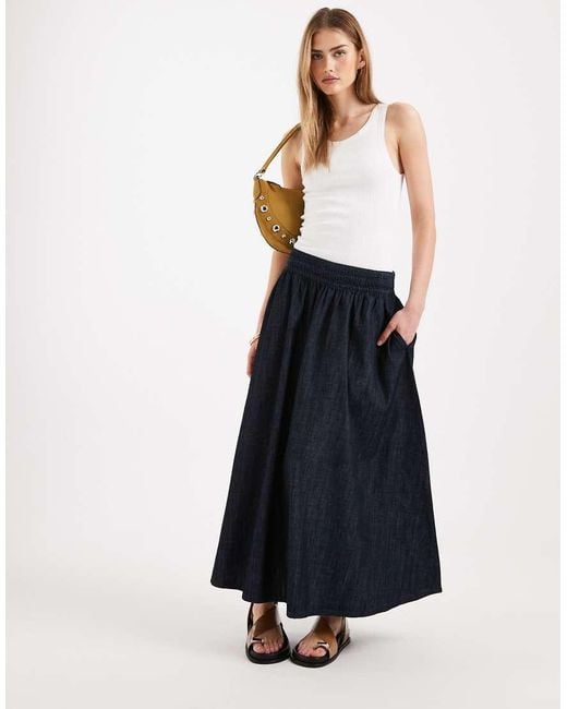 New Look Blue Shirred Waist Denim Midi Skirt