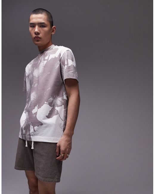 Topman Gray Oversized Fit T-shirt With All Over Floral Print for men