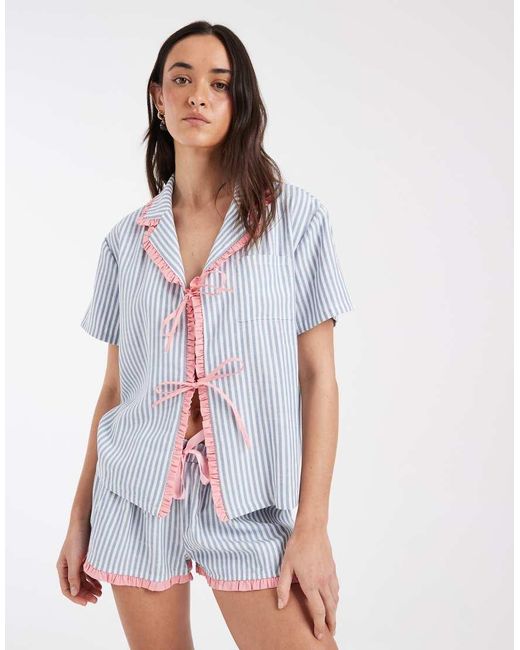 Daisy Street Blue Tie Shirt And Boxer Pyjama Shorts