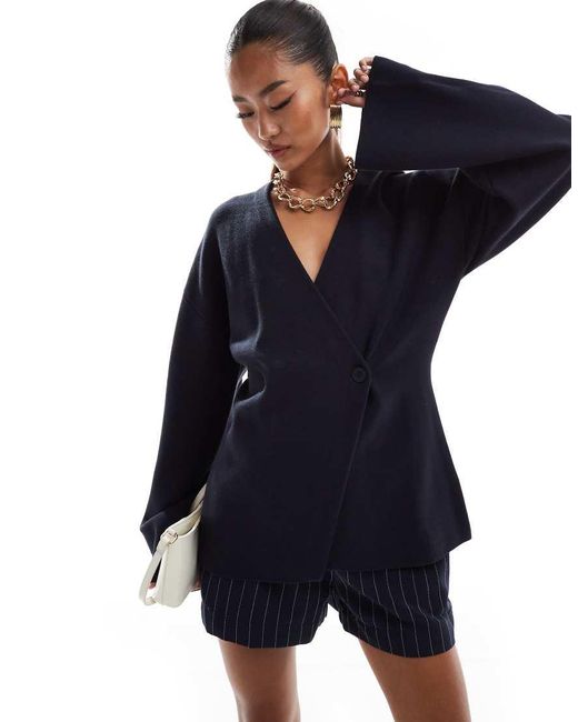 & Other Stories Blue Compact Knit Asymmetric Front Cardigan With Flared Sleeves