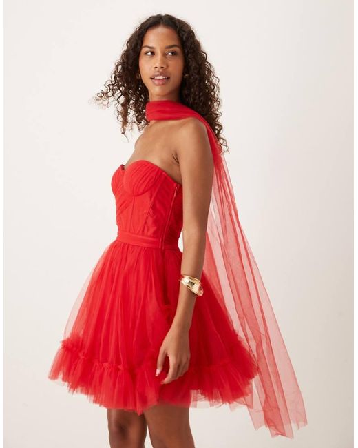 LACE & BEADS Red Scarf Neck Corset Tulle Mini Dress