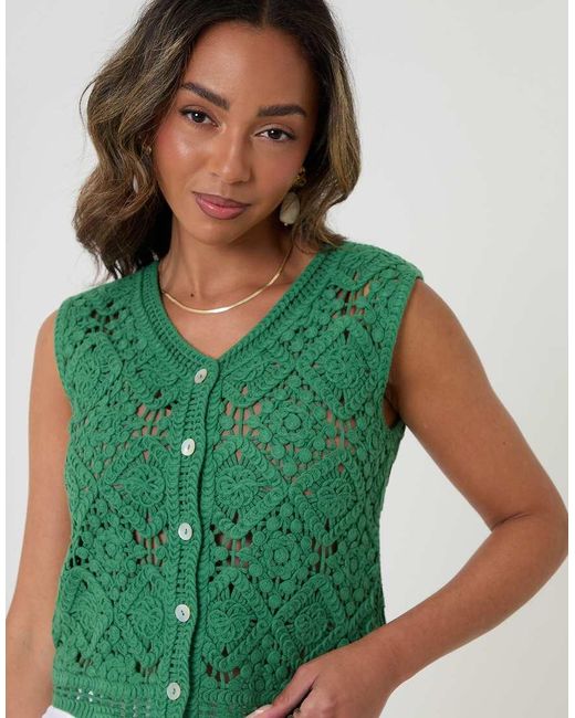 Threadbare Green Crochet Button Up Vest