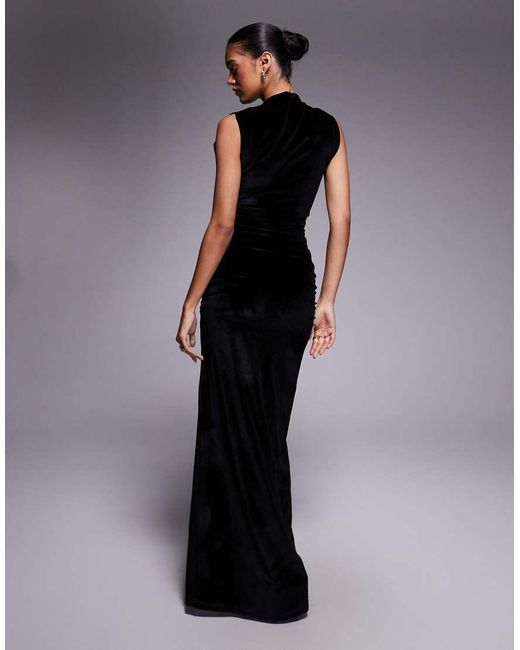 ASOS Black Maxi Velvet Ruched Side Dress With Thigh Split