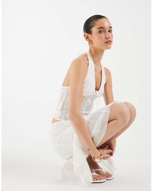 Motel White Co-ord Sawida Midi Floral Lace Skirt