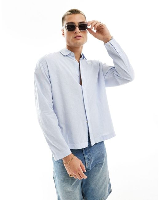 Bershka Blue Linen Rustic Long Sleeve Shirt for men