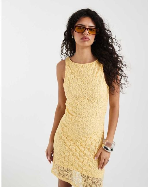 Vero Moda Yellow Stretch Floral Lace Sleeveless Slash Neck Mini Dress