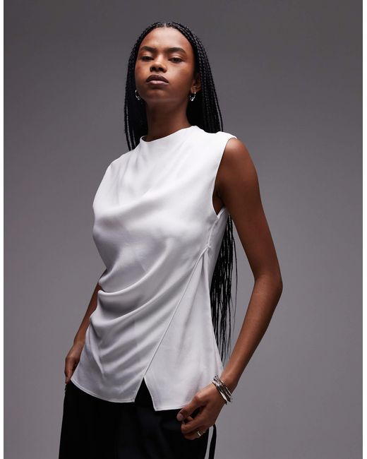 Mango Gray Wrap Front Satin Sleeveless Top