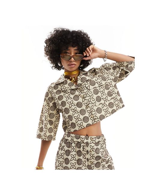 Native Youth Natural Embroidered Crop Boxy Shirt Co-ord