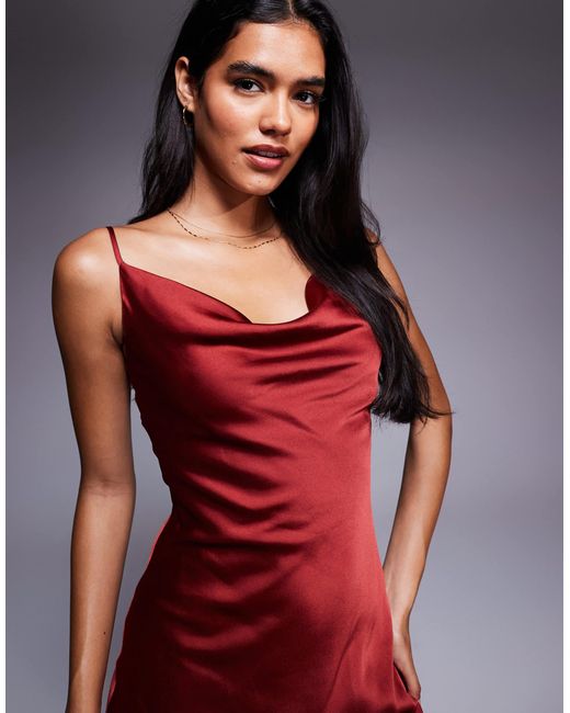 New Look Red Satin Cowl Neck Midi Dress