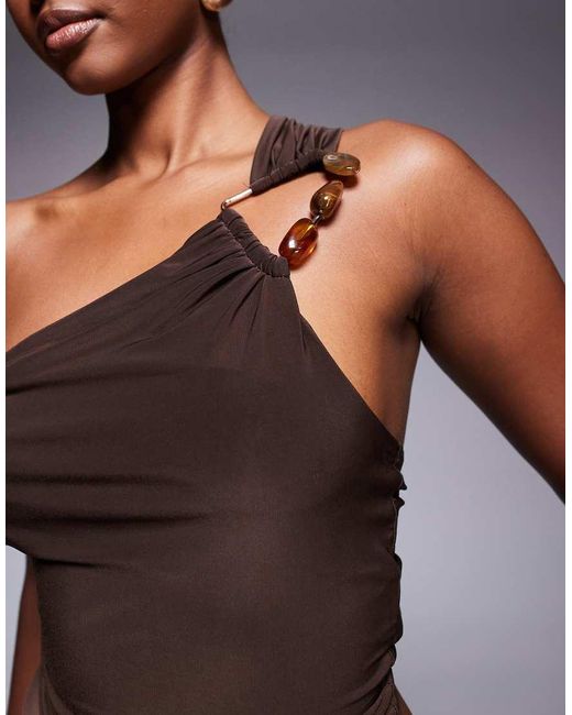 ASOS Brown Slinky One-shoulder Top With Large Trim Detail