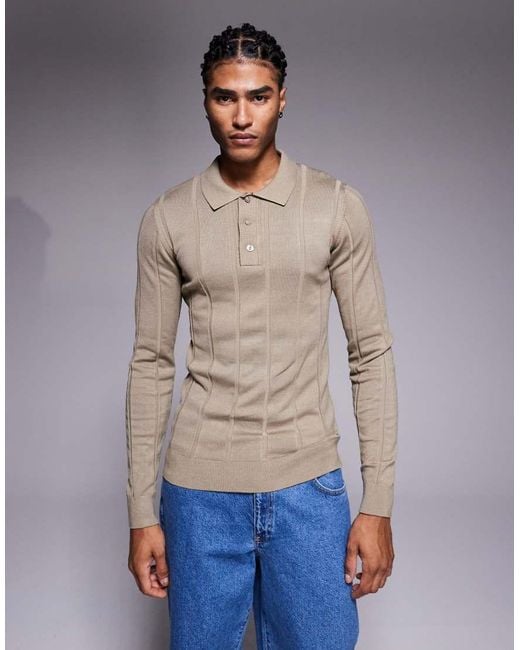 River Island Natural Muscle Fit Ribbed Knitted Polo for men