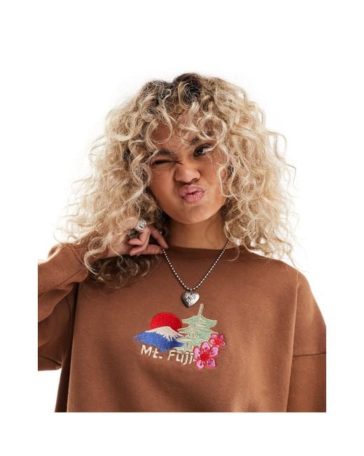 Daisy Street Brown Washed Sweatshirt With Mount Fuji Chest Embroidery