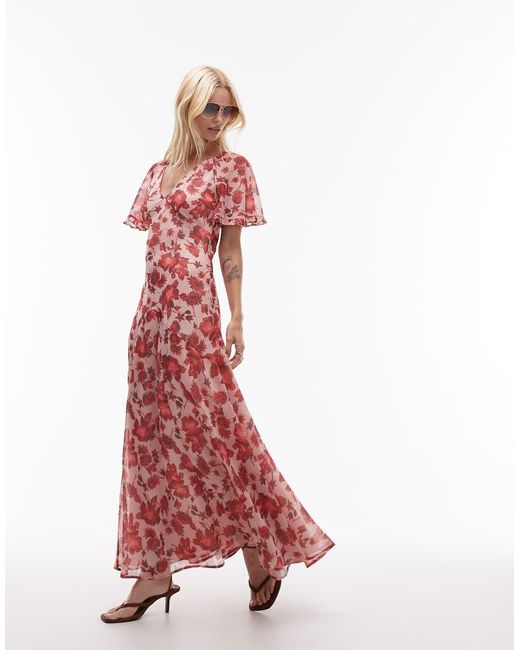 TOPSHOP Red Chiffon Flutter Sleeve Maxi Dress