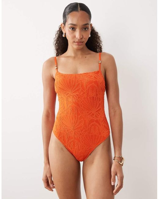 New Look Orange Crochet Ruched Side Swimsuit