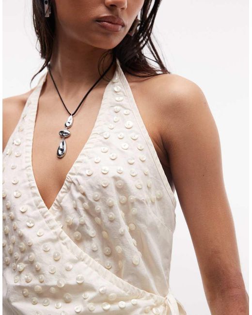 Collusion White Wrap Halter Top With Shell Buttons
