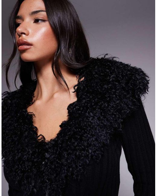 Tiger Mist Black Brisa Pure Cotton Faux-fur Trim Ribbed Cardigan