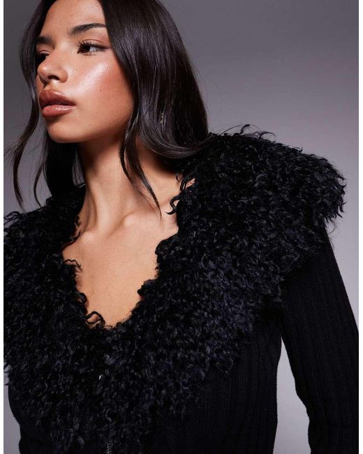 Tiger Mist Black Brisa Pure Cotton Faux-fur Trim Ribbed Cardigan