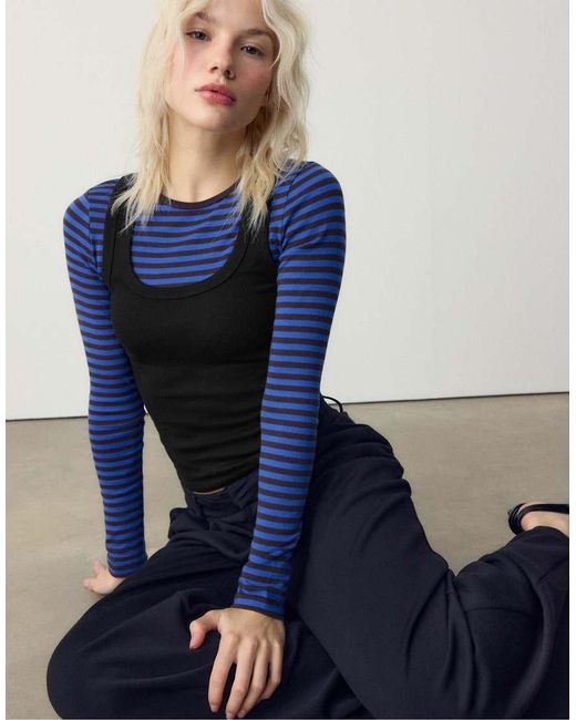 Stradivarius Black Ribbed Racerback T-shirt