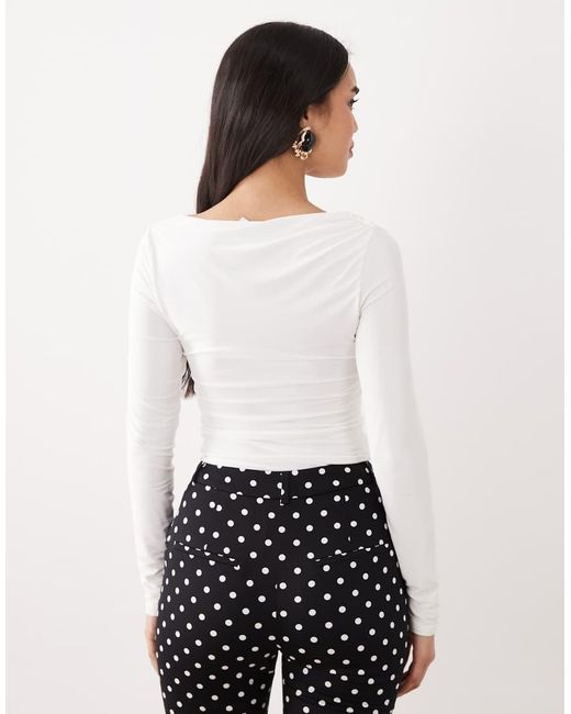 ASOS White Slinky Long Sleeve Asymmetric Slash Neck Top With Ruching Side