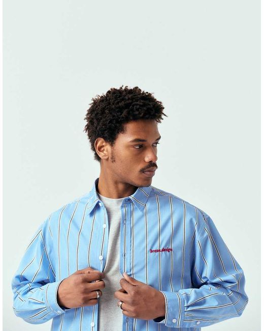 ASOS Blue Oversized Stripe Shirt With Chest Embroidery for men