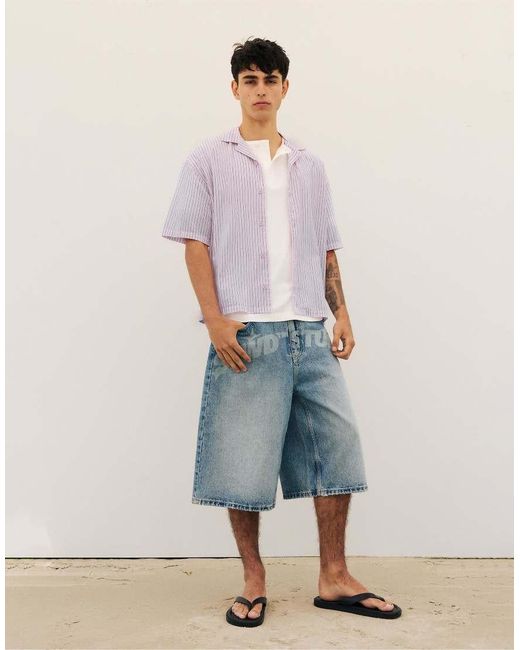 Pull&Bear Purple Striped Short Sleeve Shirt for men