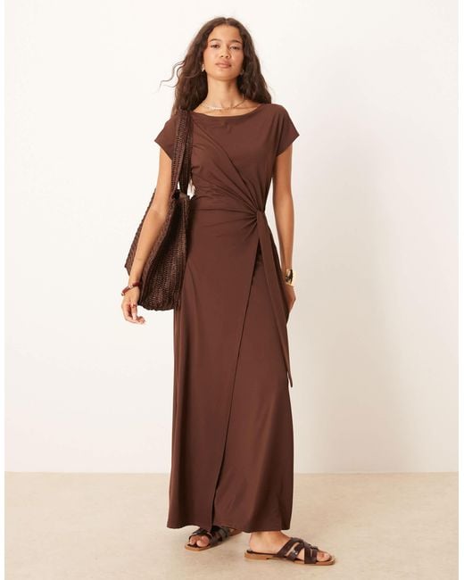 ASOS Brown Cap Sleeve Tie Wrap Front Maxi Dress