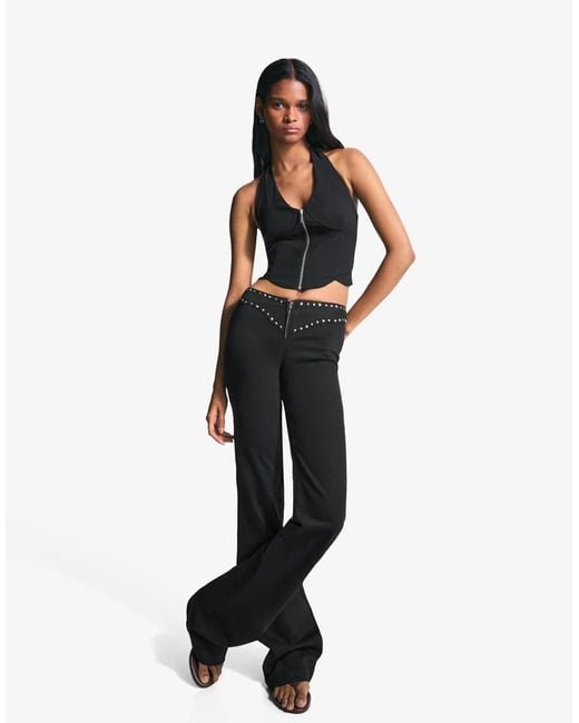 Bershka White Trousers With Studded Waist And Zip
