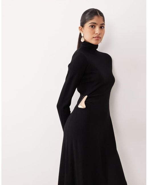 Mango Black High Neck Long Sleeve Maxi Dress With Hardware Detail