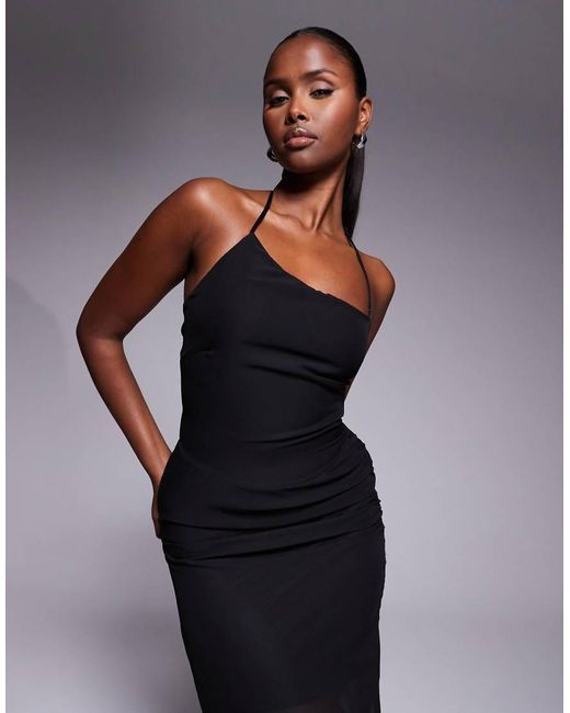 Fashionkilla Blue Exclusive Chiffon Halterneck Lace Up Open Back Detail Sheer Hem Maxi Dress