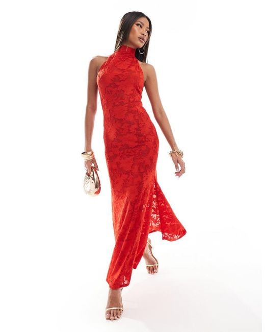 ASOS Red Sheer Burnout Halterneck Maxi Dress With Low Back