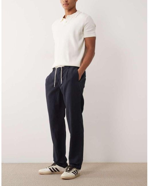 Mango Blue Linen Blend Straight Leg Draw String Trousers for men